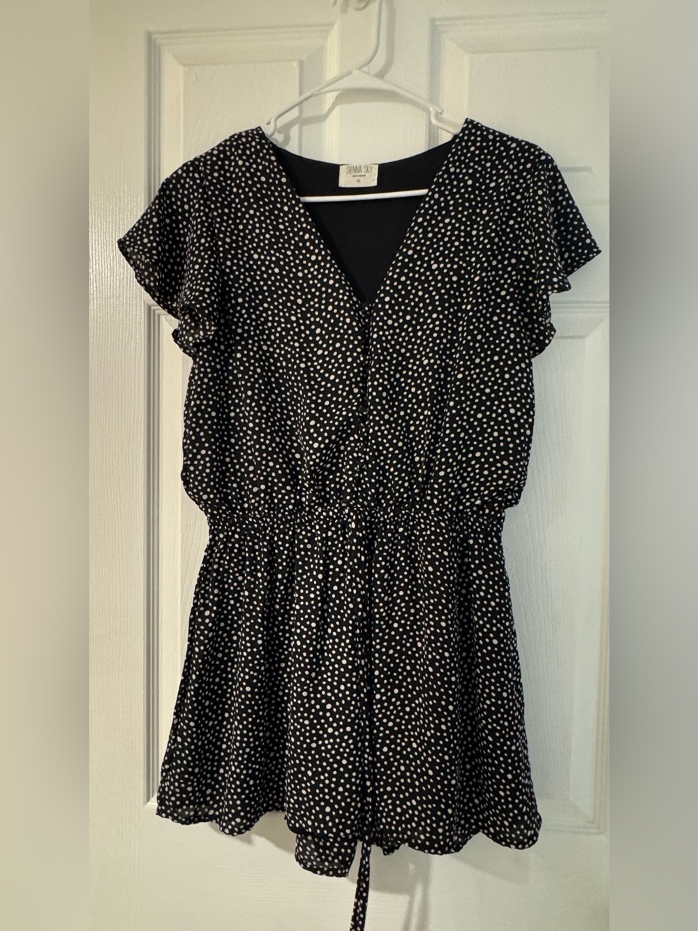 Sienna Sky Black and White Polka Dot V-Neck Flutter Sleeve Tunic